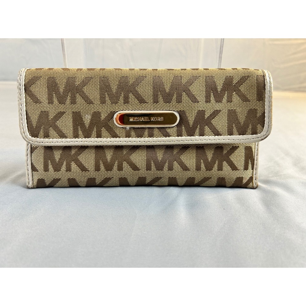Michael Kors Signature MK Logo Trifold Wallet Brown‎ Canvas Cream Trim Gold Tone